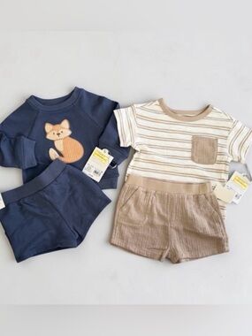 Cat & Jack Navy Blue Fox Sweater Set and Tan Striped Tee & Shorts Set
